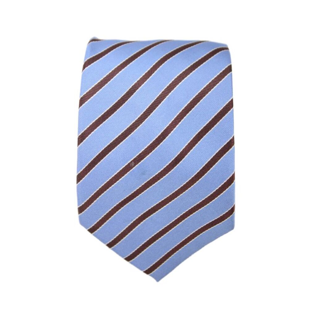 Designer Mens Silk Colorblock Striped Print Tie Light Blue Brown